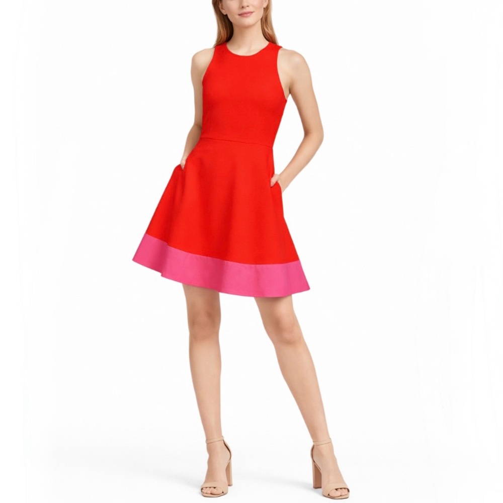 Kate Spade Red and Pink Colorblock Fit and Flare Ponte Dress - Size XS